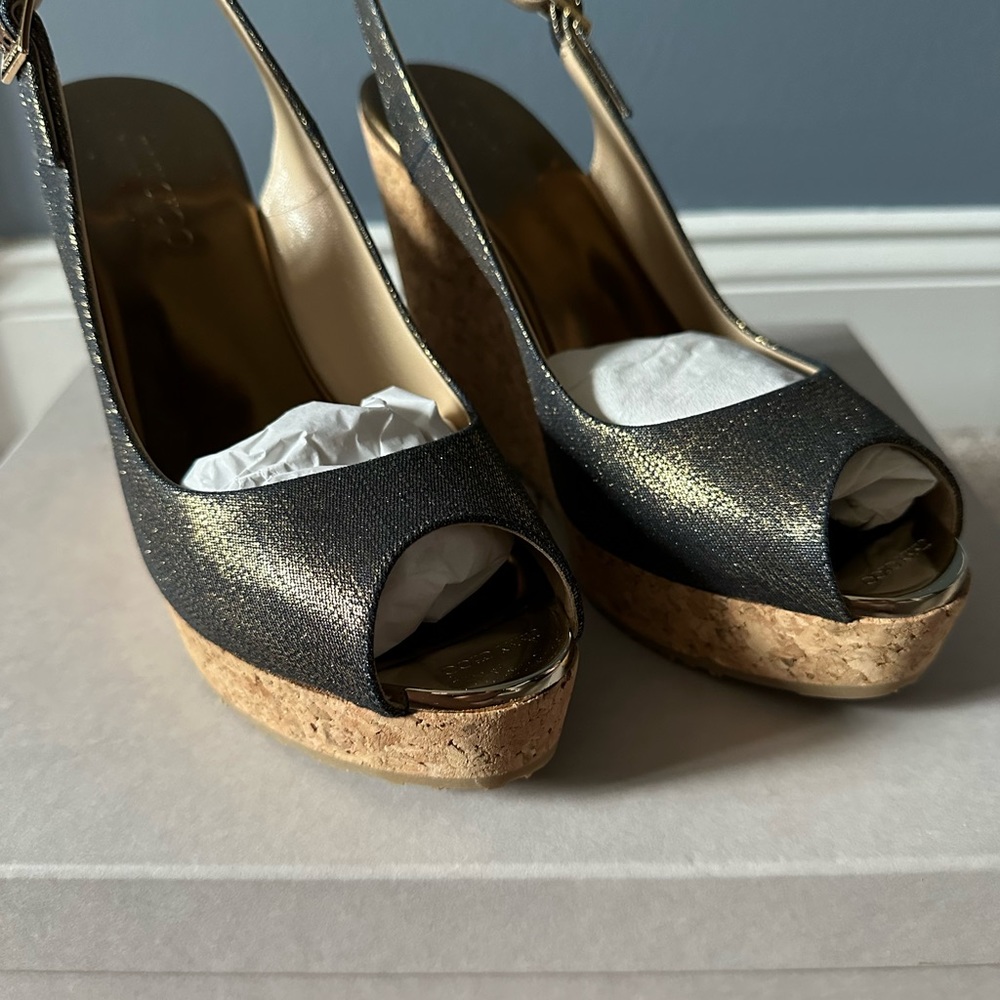 Jimmy Choo Prova metallic denim sling back, size 38.5